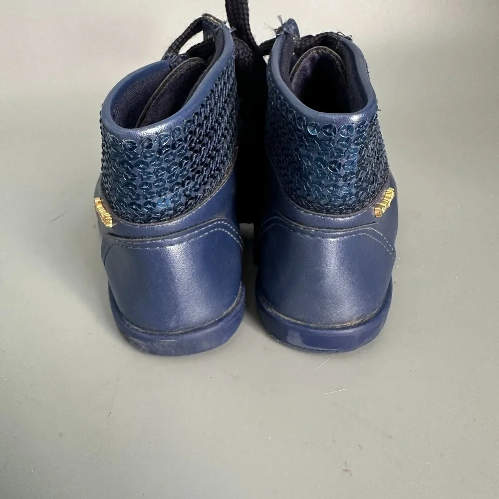 Pablosky Girls Metallic Navy‎ Blue Sequin Lace Up Ankle Boots Butterfly Charms